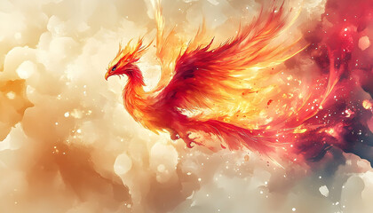 Artistic representation of a majestic phoenix soaring amidst warm, golden clouds, radiating vibrant colors and light