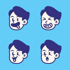 Cartoon boy face set with 4 expressive emotions: silly, laughing, playful, and surprised. Hand-drawn retro vector illustration on blue background. Perfect for stickers and t-shirt designs