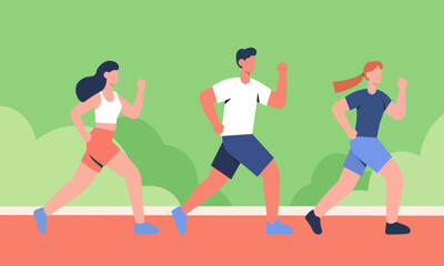 Three people jogging outdoors on a track.