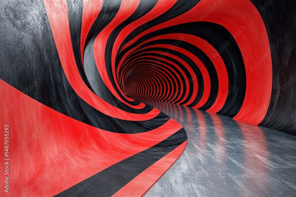 Poster a swirling red and black striped tunnel leads to a distant point. use it for illustrating concepts l