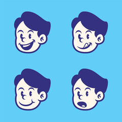 Cartoon boy face set with 4 expressive emotions: silly, laughing, playful, and surprised. Hand-drawn retro vector illustration on blue background. Perfect for stickers and t-shirt designs