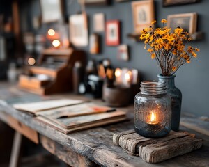 Cozy workspace with antique desk with lit candle, flowers, vintage decor, and warm vibes.