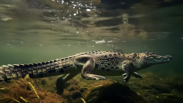 Submerged crocodile in murky water, showcasing its scales and powerful form.