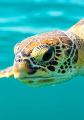 Fototapeta premium Sea Turtle's Textured Skin & Water Dappled Shell at Golden Hour