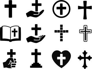 set of cross icons
Set of 12 vector illustrations of crosses and contains a cross sign, a hand holding a cross, a heart with a cross, and a book with a cross on a white background
