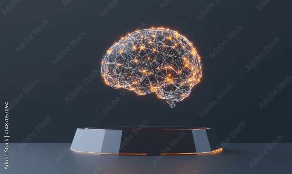 Poster illuminated brain model on dark background; neural network concept, ai; science, technology