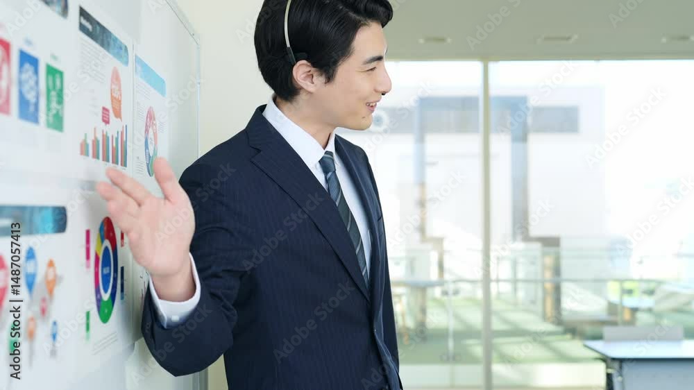 Aufkleber マーケティングデータのグラフを見せて説明する男性ビジネスパーソン
