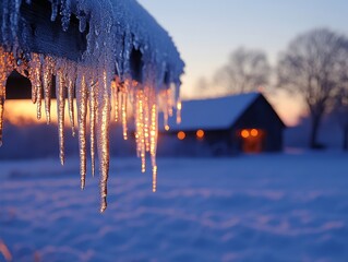 Icicles forming delicate spirals along the edges of a wooden pergola glowing softly under the crescent moon, Generative AI
