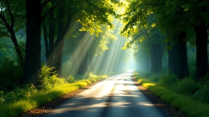 Fototapeta premium A peaceful sunlit road winds through a lush green forest, with sunlight streaming through tall trees and casting gentle shadows.