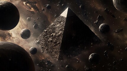 Pyramid hovering multiverse space surrounded by orbs representing laws of alternate physics
