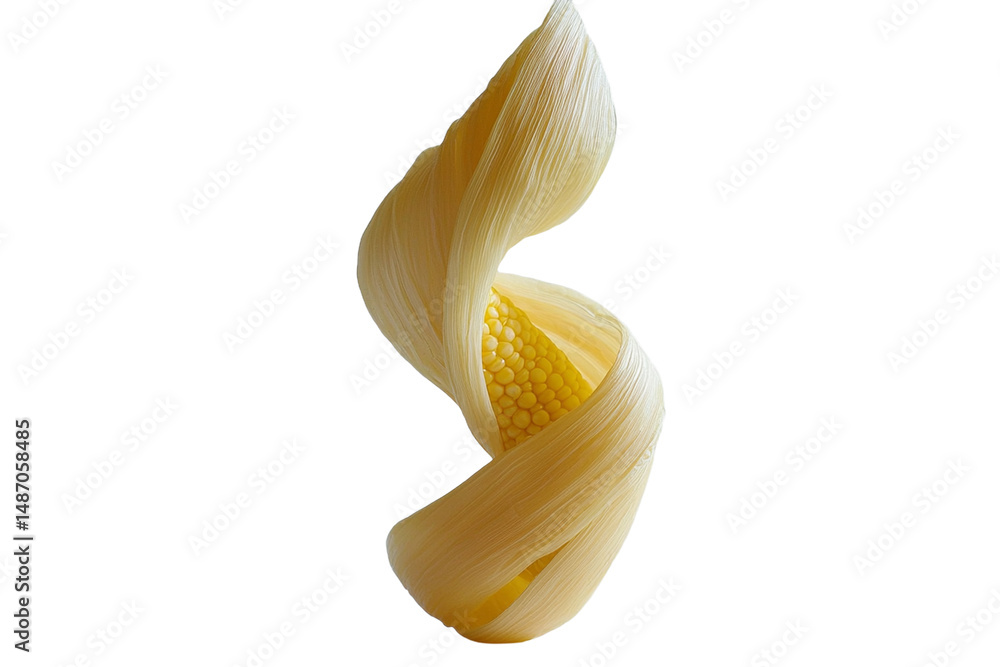 Poster spiral twist of corn on cob with husk isolated on pure transparency background