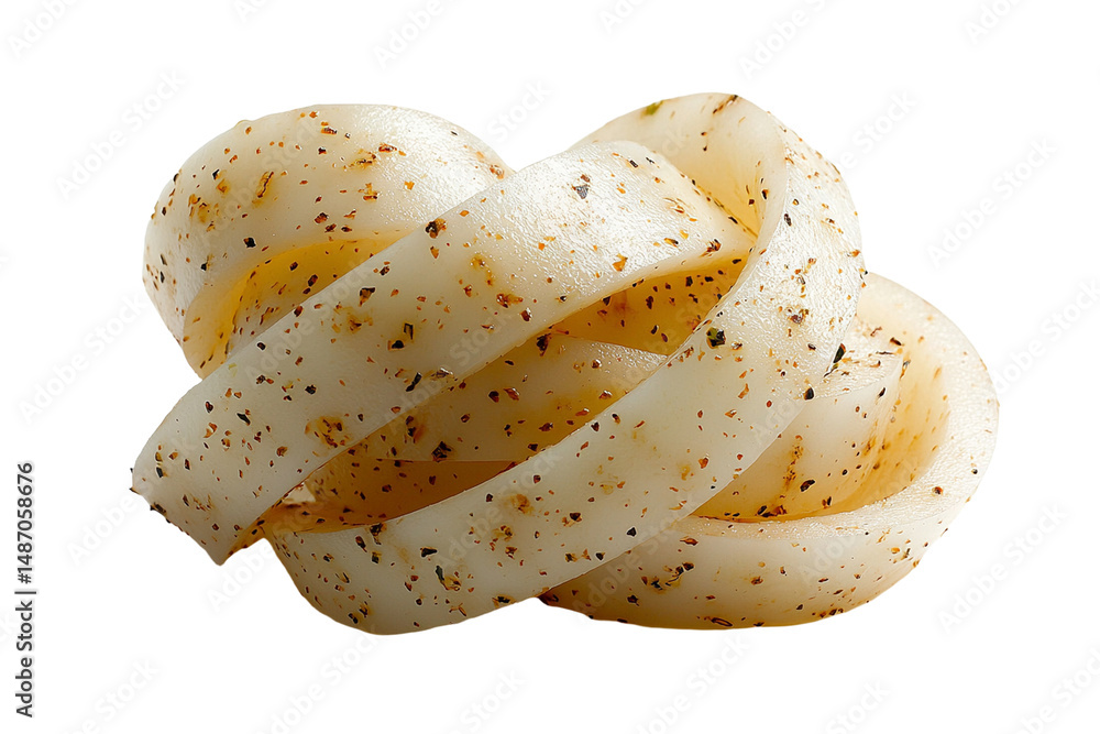 Poster spiral twist of jicama slice with seasoning isolated on pure transparency background