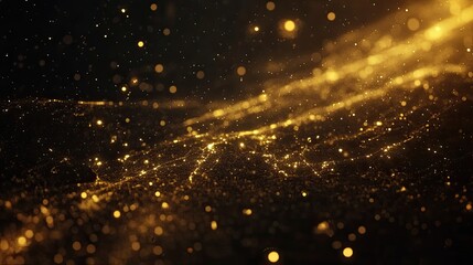 Naklejka premium Golden particles diffuse across a dark backdrop.