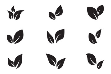 black leaves icons set isolated on white background vector illustration. Vegan, tree, plant, fresh, energy and healthy nutrition concept eps 10
