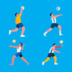 Four male volleyball players in dynamic action against a bright blue backdrop.