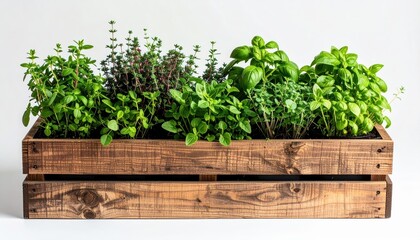Fototapeta premium Fresh Herb Garden in Rustic Wooden Planter Box A Vibrant Collection of Basil Thyme Oregano and Mint
