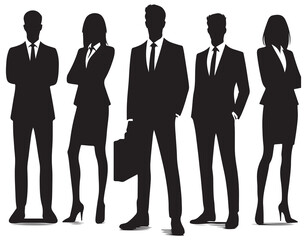 Professional Business People Silhouette Vector Set Featuring Male and Female Executives in Standing Poses with Briefcases – Ideal for Corporate, Office, Teamwork, and Leadership Concepts