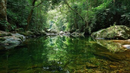 Tranquil Nature Scene with Lush Green Trees, Still Water, and Rocky Landscape in a Serene Forest Setting