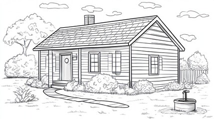Simple country house drawing, tranquil rural scene, coloring book illustration, education, kids activity