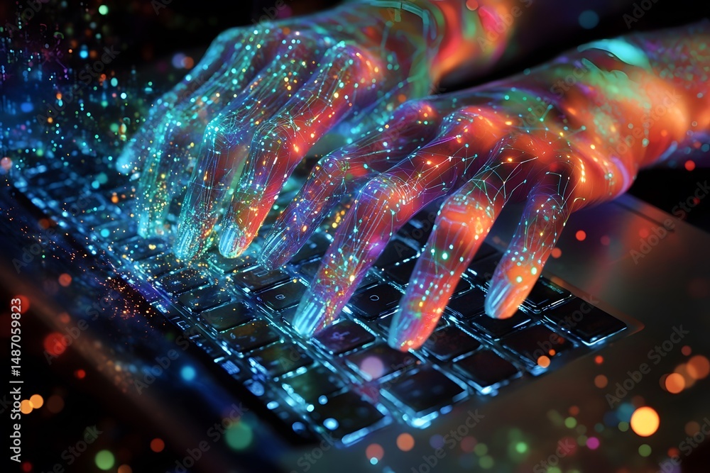 Poster human hands typing on a laptop keyboard with a futuristic glowing digital network and data visualiza