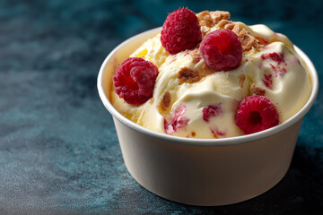 Gourmet white chocolate and raspberry ice cream with crunchy toppings and raspberries