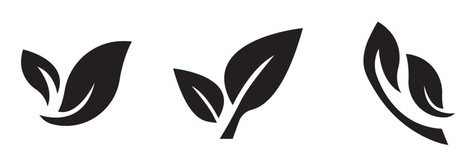 black leaves icons set isolated on white background vector illustration. Vegan, tree, plant, fresh, energy and healthy nutrition concept eps 10
