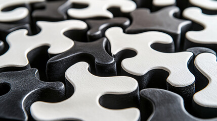 Abstract Close up of Black and White Interlocking Puzzle Pieces Teamwork Concept