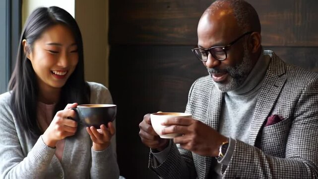 Happy colleagues clinking coffee cups in a cafe, enjoying a break.