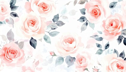 Fototapeta premium Delicate Watercolor Roses Seamless Pattern Elegant Floral Design Romantic Peach Blush Pink Flowers Background