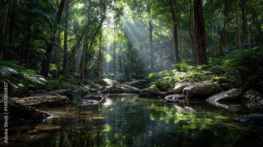 Poster serene forest scene with sunlight filtering through trees and calm water reflection in lush tropical