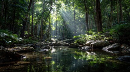 Obraz premium Serene Forest Scene with Sunlight Filtering Through Trees and Calm Water Reflection in Lush Tropical Environment