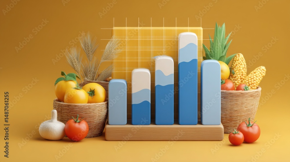 Poster conceptual illustration of an automated food affordability tracker icon indicating core economic pri