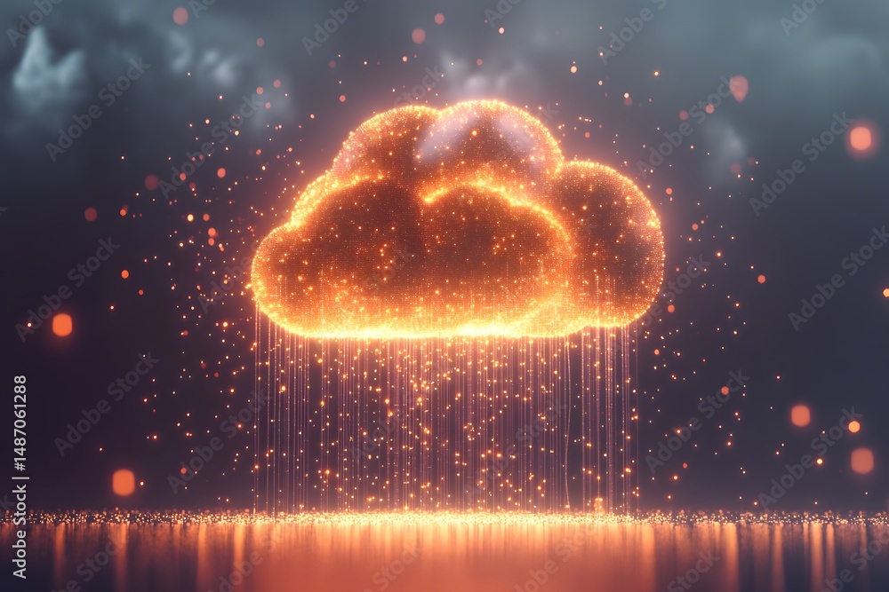 Poster illuminated cloud data symbol with glowing particles representing network and digital transformation