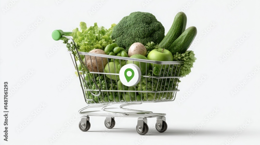 Poster conceptual illustration of an automated food affordability tracker icon indicating core economic pri