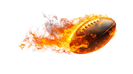 Burning rugby ball flying with flames isolated on white and transparent background, cut out png

