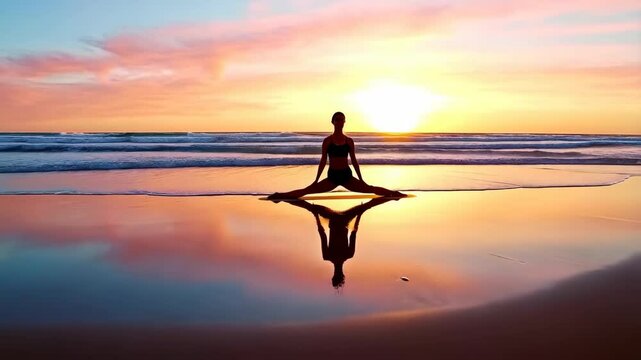 Female in split position, Yoga practice on beach at sunset, reflection on wet sand, serene ocean waves, calm and tranquil