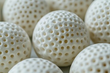 Spherical white mushrooms show textured surfaces with small, uniform holes. Excellent for nature, design, or science themed projects with unique patterns.