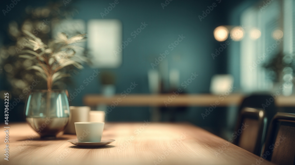 Poster soft focus office background with minimalist table and coffee cups for professional visual context