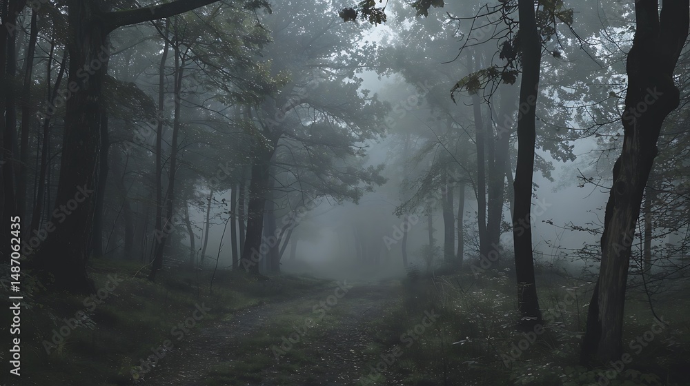 Poster misty forest path with tall trees in a foggy day with dim light