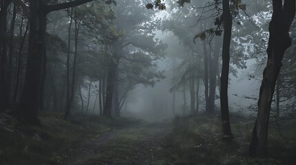 Fototapeta premium Misty Forest Path with Tall Trees in a Foggy Day with Dim Light