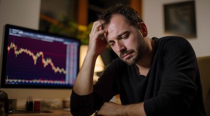 Distressed Businessman Analyzing Plummeting Stock Market Graph, Financial Stress, Economic Downturn Concept, Bear Market, Trading Dashboard, Anxious Expression.