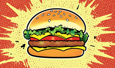 Cartoonish burger with lettuce, cheese, tomato, and a patty, set on a yellow, dotted, and burst-filled backdrop