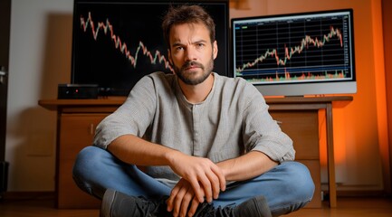 Distressed Businessman Analyzing Plummeting Stock Market Graph, Financial Stress, Economic Downturn Concept, Bear Market, Trading Dashboard, Anxious Expression.