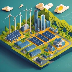 Obraz premium Sustainable Smart City: Isometric Vector with Renewable Energy