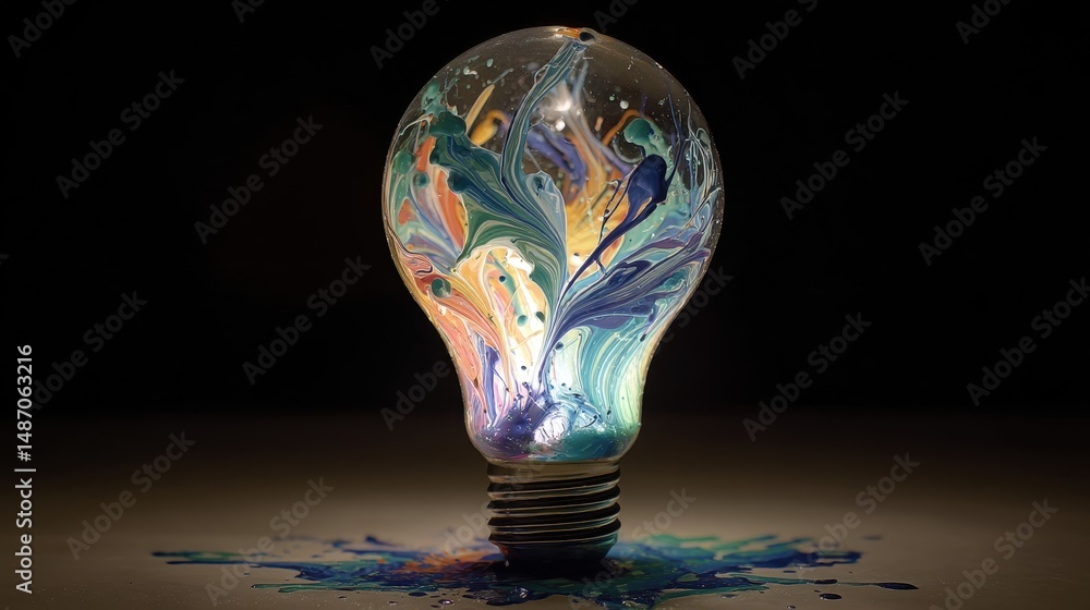 Poster colorful swirl of liquid inside a glass bulb with a dark background creating an artistic display of 