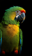 Obraz premium Vibrant Colorful Parrot with Detailed Feathers on Black Background, Stylized Wildlife Art