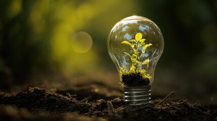 Eco-friendly innovation concept with a light bulb containing a green plant symbolizing sustainability and environmental consciousness in nature
