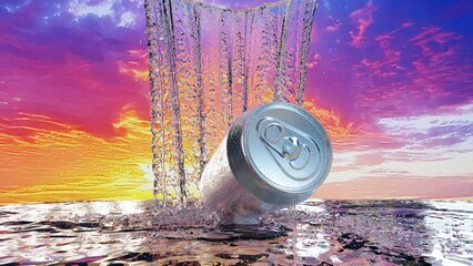 滝のように弾ける水と銀色の缶が描く清涼感の3Dイラスト