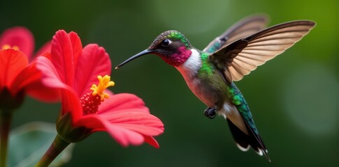 Fototapeta premium Hummingbird feeding, iridescent feathers, scarlet petals , fast, flying