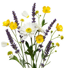 Beautiful wildflower bouquet featuring vibrant yellow and purple flowers artfully arranged